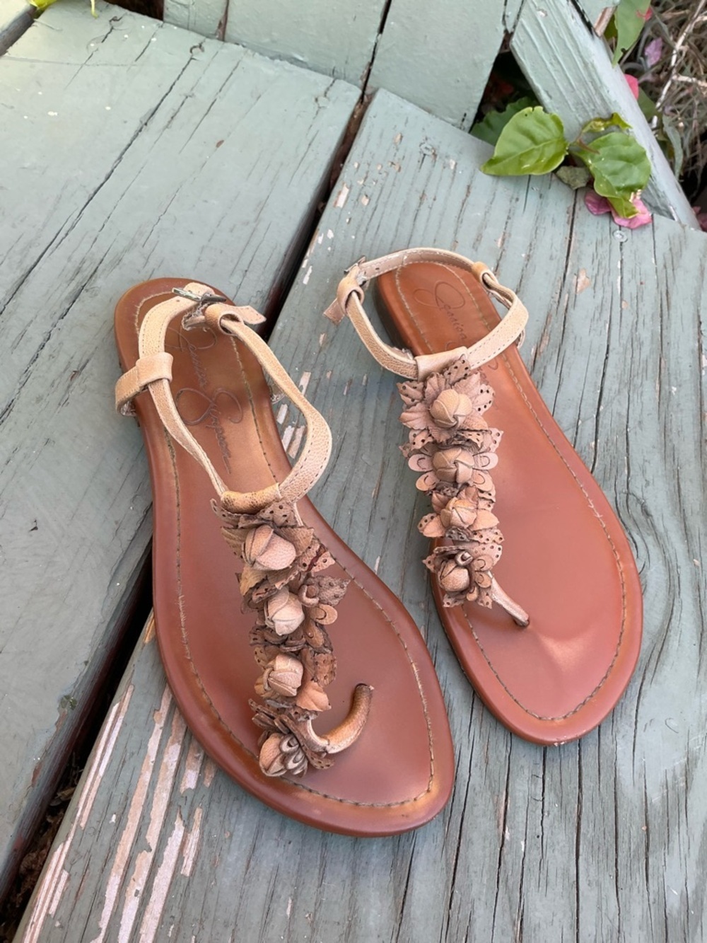 Jessica Simpson Tan Floral T-Strap Sandals